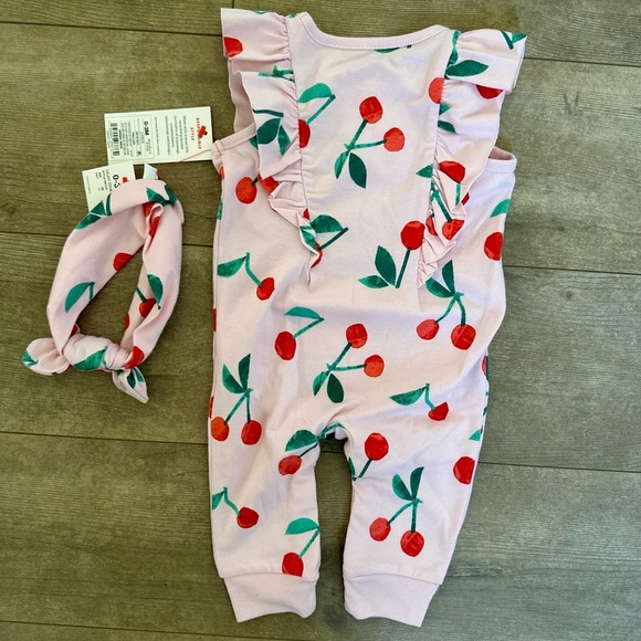 New Cat & Jack Baby Girl 0-3 Months Cherry Romper & Headband Accessorym - Picture 3 of 7
